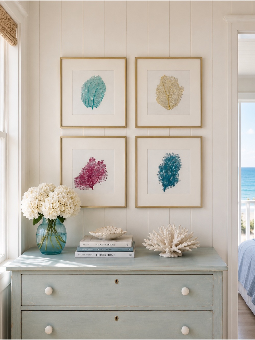 Set of 4 Framed Real Painted Sea Fan Corals | Coastal Wall Art | 12” x 12”